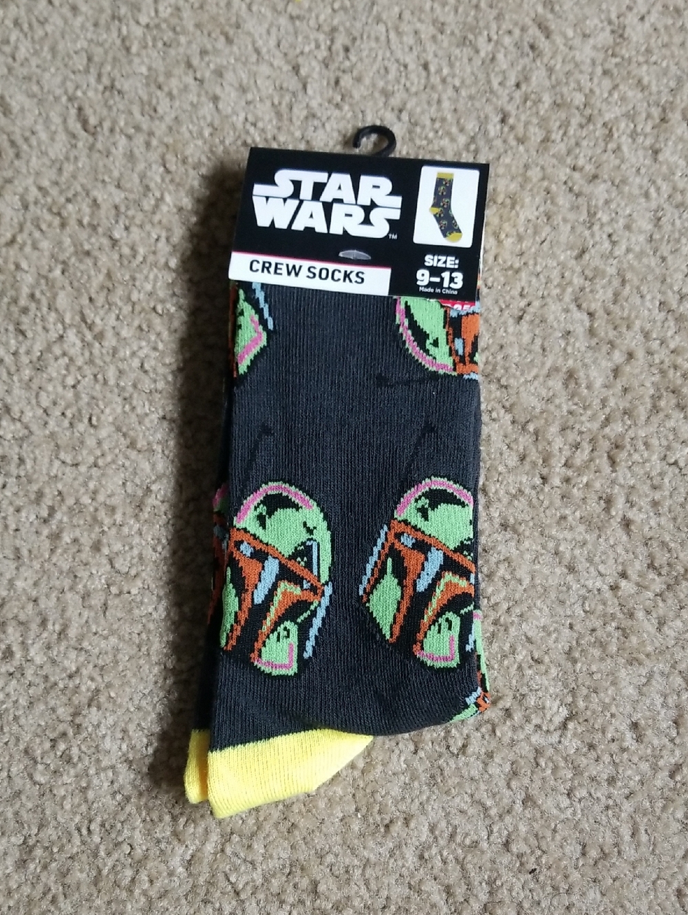 Star Wars Black Crew Socks with Green, Orange & Yellow Boba Fett Accents